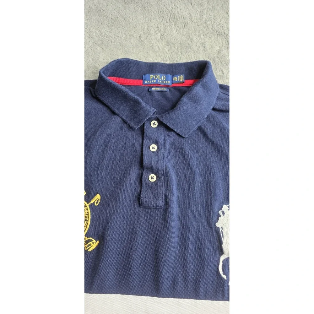 POLO RALPH LAUREN Men's XXL Gold Crest Big Pony Custom Slim Fit L/S Polo Navy